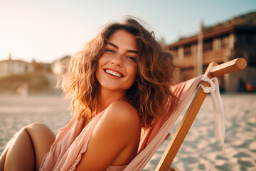 Radiant woman smiling on a beach chair, enjoying the leisure of a sandy beach at sunset.