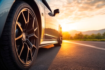 Close-up of a car wheel on an open road at sunset, evoking a sense of adventure and speed - obrazy, fototapety, plakaty