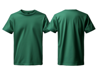 Two green t-shirt without wrinkles, one front side and the back side, Isolated On Transparent PNG Background