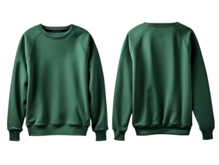 Two green sweatshirt Isolated On Transparent PNG Background, one displaying the front side, the other the back side