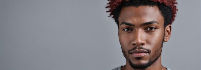 Midshot Portrait Photo Of A Tender African American Handsome Male Model With A Red Hair Isolated On A Lightgrey Background With Copy Space, Banner Template.