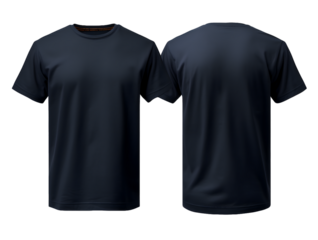 Two blue navy t-shirt without wrinkles, one front side and the back side, Isolated On Transparent PNG Background