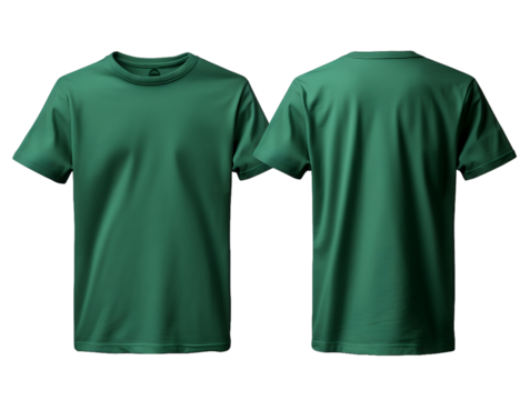 Two green t-shirt without wrinkles, one front side and the back side, Isolated On Transparent PNG Background - Powered by Adobe