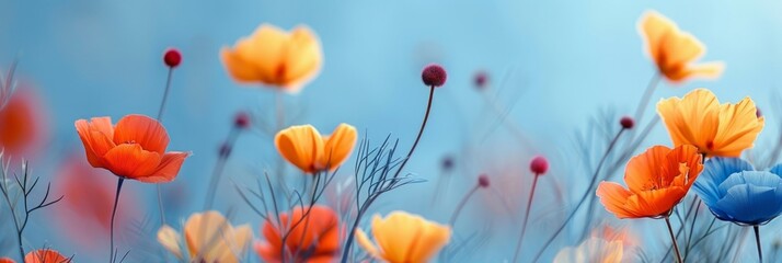 orange and yellow poppies on blurred blue background. Spring vibes concept.