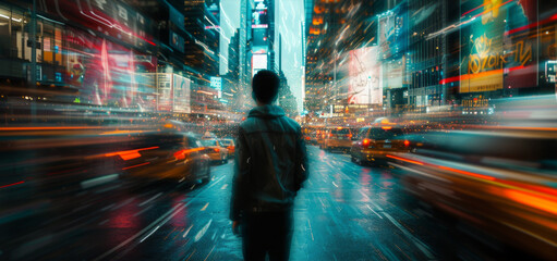 A man stands in the city street, motion blur traffic