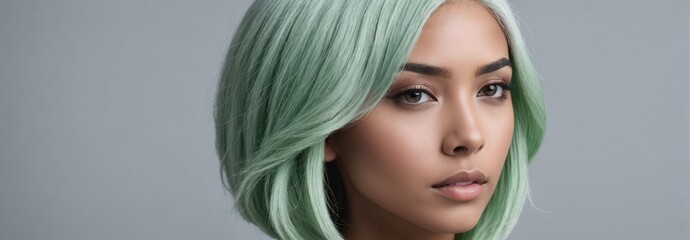 Midshot Portrait Photo Of A Humiliated Beautiful Female Model With A Light Green Hair Isolated On A...