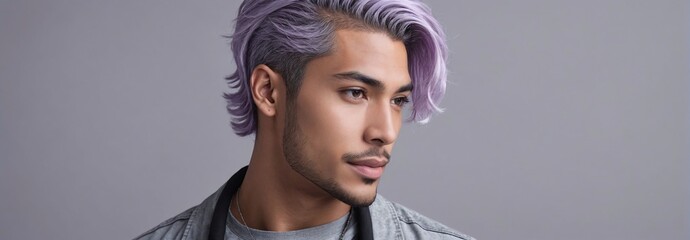Midshot Portrait Photo Of A Satisfied Handsome Male Model With A Light Purple Hair Isolated On A...