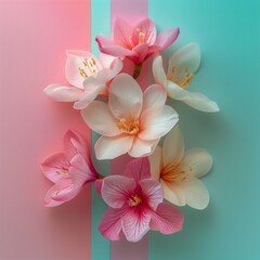 pink and white orchids in bloom against pink and blue striped background