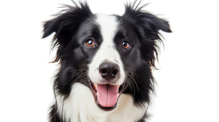 Head Shot Of A Black And White Border Collie Panting. Portrait Of Panting Border Collie Dog.
