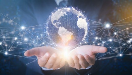 Abstract palm hands with global network connections, innovative technologies in the field of science and communication, Hand holding flying earth network global connection concept