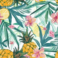 a pattern of fruit and flowers