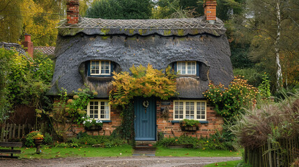 Fototapeta na wymiar Quaint thatched cottage in autumn with lush foliage