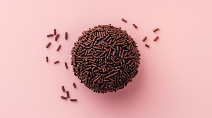 Brigadeiro made by dark chocolate and covered by chocolate sprinkles. Traditional brazilian sweet, top view and soft pink background.