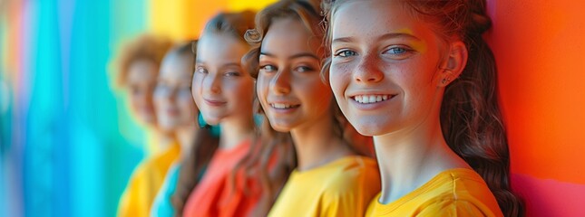 group of lovely young girls wearing bright vibrant colors, smiling and posing. Summer outfits concept