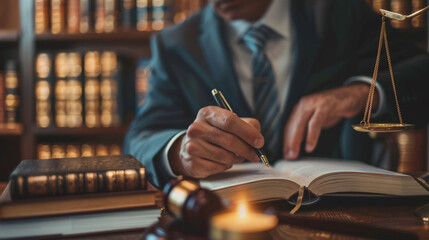 Lawyer studying a case in a law library - obrazy, fototapety, plakaty