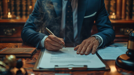 Businessman signing a contract with a cigar