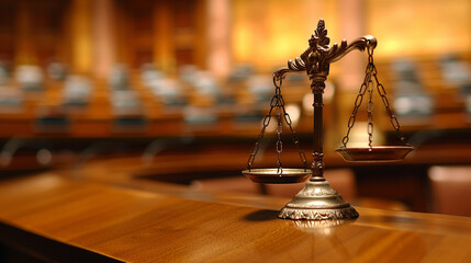 Scales of justice on wooden table in courtroom