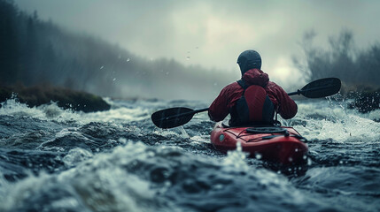 Fototapeta na wymiar Kayaker navigating rough river waters in wilderness