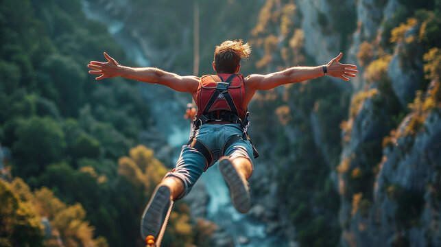 Base jumper in mid-air with mountain background