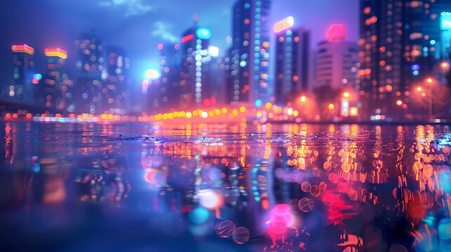 City lights reflecting on water at night