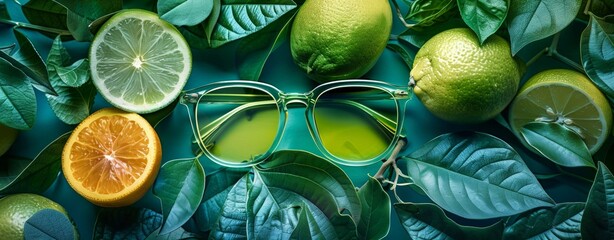 all green monochromatic summer concept, sunglasses, leaves and lemons on green background. Happy...