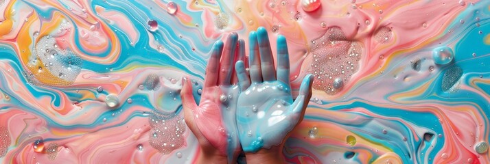 Obraz na płótnie Canvas close up of hands full of paint in front of blue, pink and orange background with bubbles