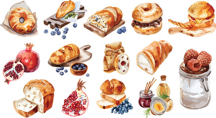Vector set of baking breakfast in watercolor style. Buns, baguettes, bread, pastries, and other baked goods, fruits, pomegranate, blueberry. Vintage watercolor concept for a bakery or cafe menu design