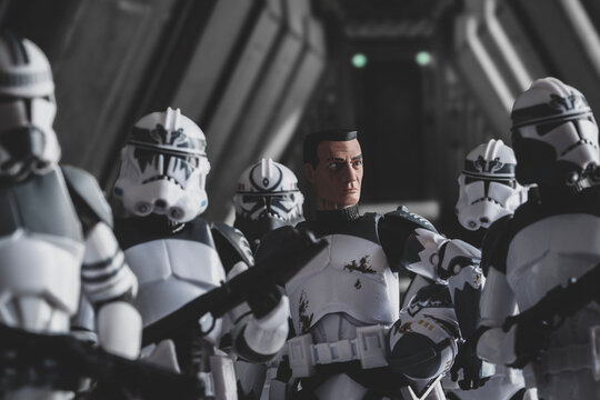 NEW YORK USA, FEB 25 2024: scene from Star Wars the Clone Wars - Commander Wolffe and the 104th Wolffepack  - custom action figures