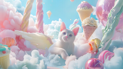Pastel paradise with a retro twist, cat with wings exploring amid levitating sweets and ice cream clouds - obrazy, fototapety, plakaty