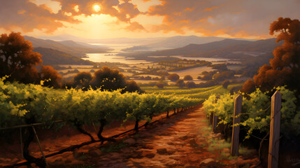 Aesthetically Captivating Vineyard: The Majestic Domain of Grapevines Under the Warm Hues of the...
