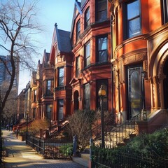 a row of houses with stairs and trees