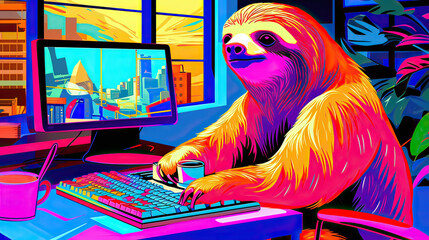 A vibrant pop art depiction of a charming sloth engrossed in office work, computer aglow, in a close-up view retro vintage pop art