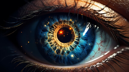 Close-up of eyeball on dark background - obrazy, fototapety, plakaty