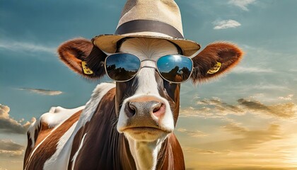 A cow with sunglasses and a hat for summer