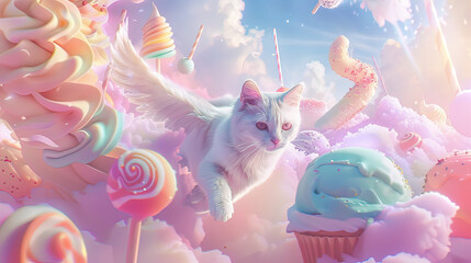 Dreamlike retro pastel scene, a winged cat meanders through floating ice creams and candy, enchanting aura