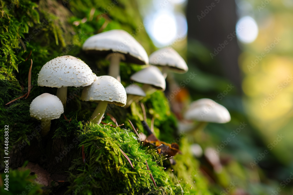 Poster mushrooms in the forest. background with selective focus and copy space