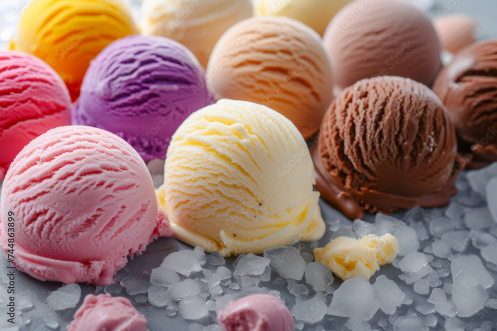 Poster a set of scoops of different ice creams. background with selective focus and copy space