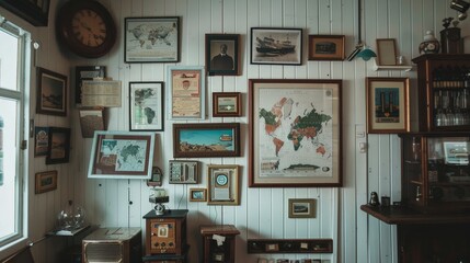 a wall with pictures and a map