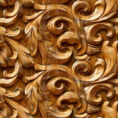 Decorative leaf wood carving, seamless pattern