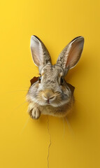 A cute wild gray rabbit peeks through a hole in a yellow wall, curiosity and interest in exploring something new and unexpected, copy space