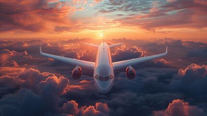An airplane flies with passengers on board above the clouds during a beautiful sunset
