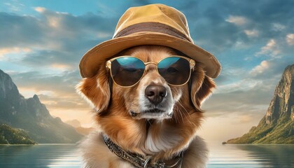 A dog with sunglasses and a hat for summer