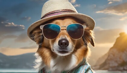 A dog with sunglasses and a hat for summer