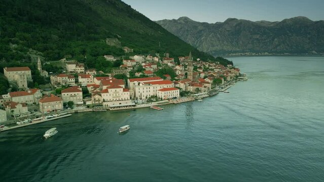 Aerial view of the picturesque town of Perast and the Bay of Kotor, Montenegro