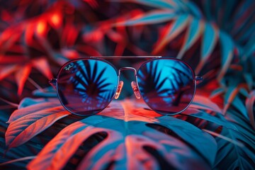 trendy sunglasses on colorful background made of palm leaves. Exotic holidays vibes