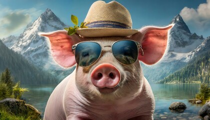 A pig with sunglasses and a hat for summer