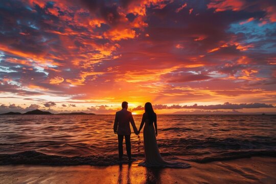 Wedding Couple Holding Hands Against Vivid Sunset Beach Sky