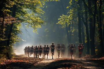 Athletes running together down a dusty path in the forest.