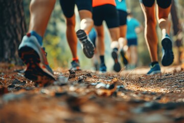 A group of people energetically running together on a trail in the forest.