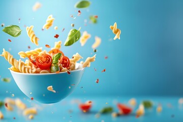 A blue bowl filled with pasta, tomatoes, and vegetables.